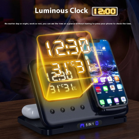 5-in-1 Wireless Charging Station with LED Clock & 15W Fast Charge for Phone Watch Earbuds
