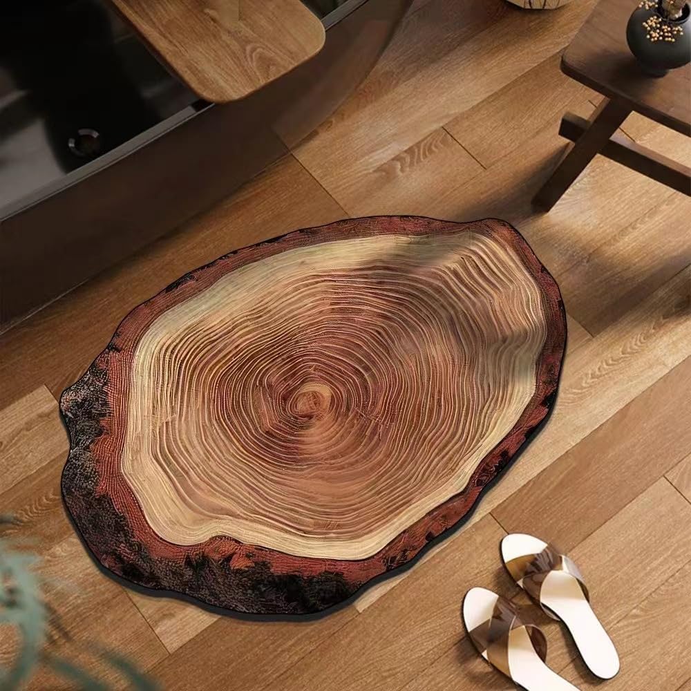 Wood Grain Bath Mat- Non-Slip Quick-Dry Bathroom Rug with 3D Annual Ring Print 24"x35"