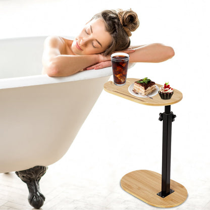 C-Shaped Bathtub Tray Table - Adjustable Height Bamboo Bath Caddy with 360° Rotating Desktop