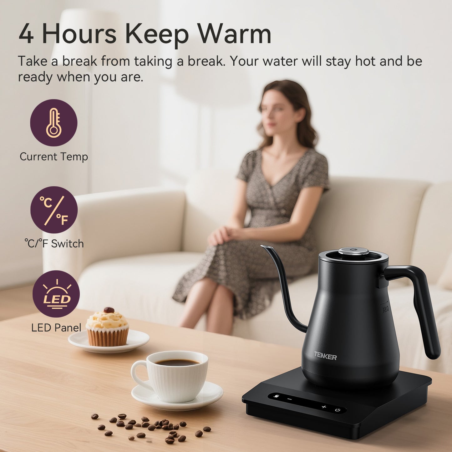 Gooseneck Electric Kettle with Temperature Control - 1200W Fast Boil for Pour Over Coffee & Tea