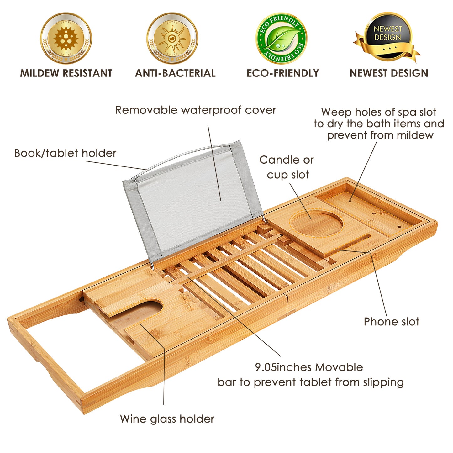 Bamboo Bathtub Caddy Tray - Extendable Bath Tray with Wine Glass Holder, Book & Tablet Stand