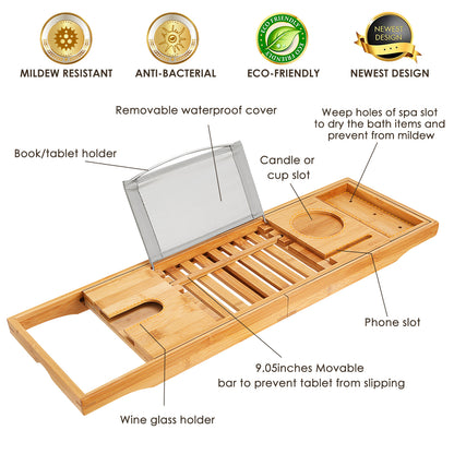 Bamboo Bathtub Caddy Tray - Extendable Bath Tray with Wine Glass Holder, Book & Tablet Stand
