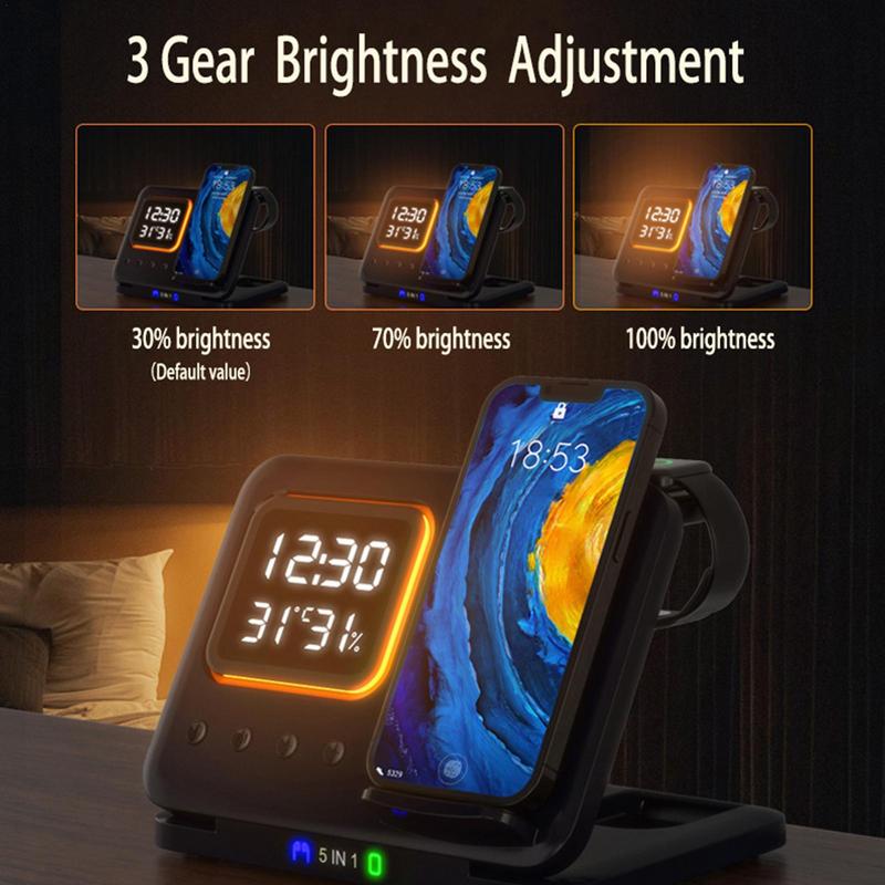 5-in-1 Wireless Charging Station with LED Clock & 15W Fast Charge for Phone Watch Earbuds