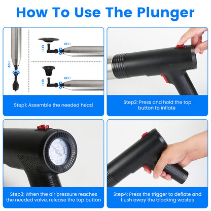 Electric Toilet Plunger - High Pressure Air Drain Blaster with Real-Time Pressure Display & 4 Heads
