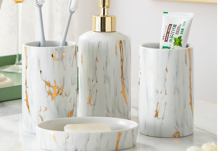Premium Marble Ceramic Bathroom Wash Set - 4-Piece Luxury Vanity Collection