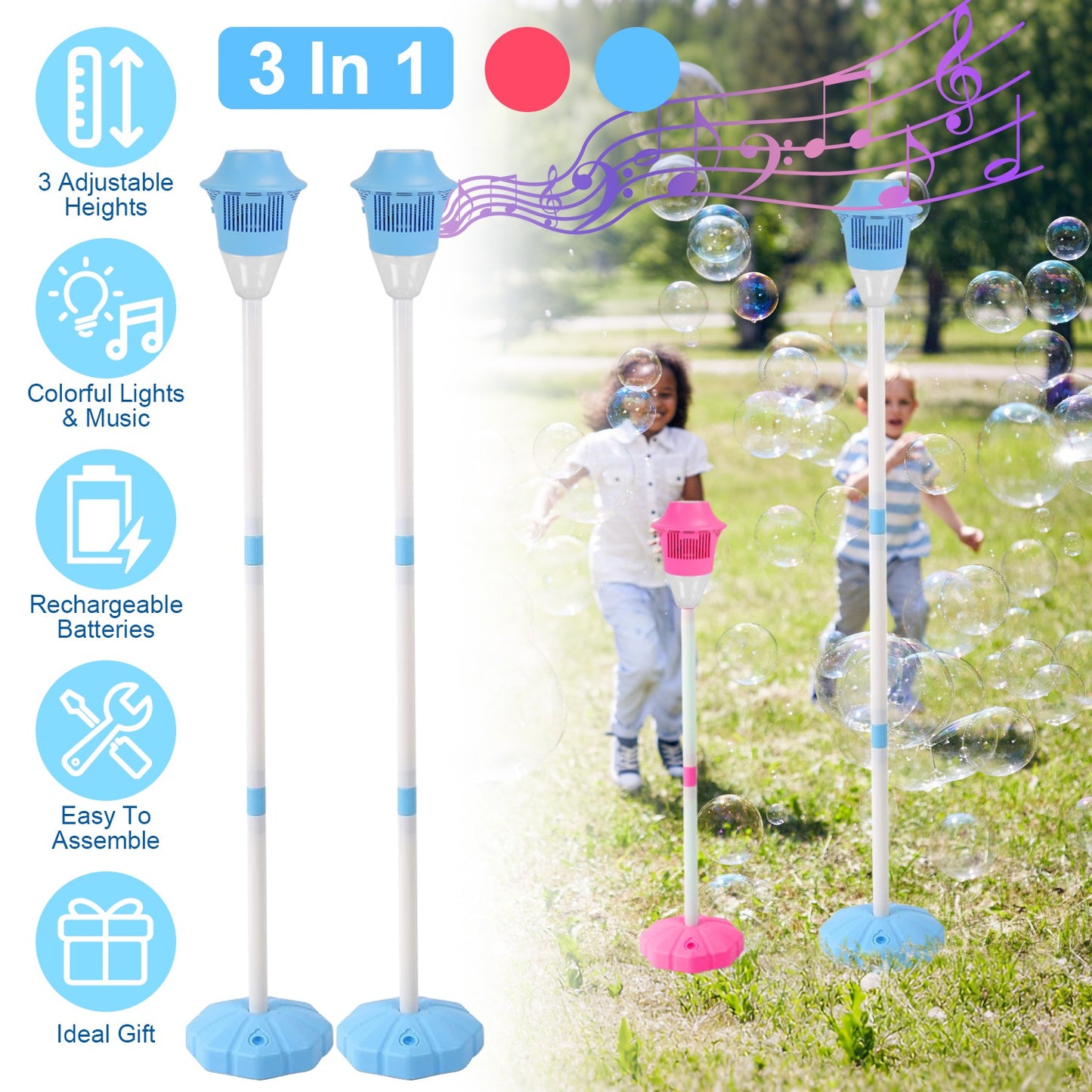 Standing Bubble Machine with LED Lights & Music - Adjustable Height