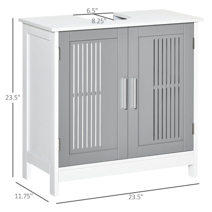 Under Sink Pedestal Bathroom Cabinet - Adjustable Shelf Storage Organizer, White & Gray