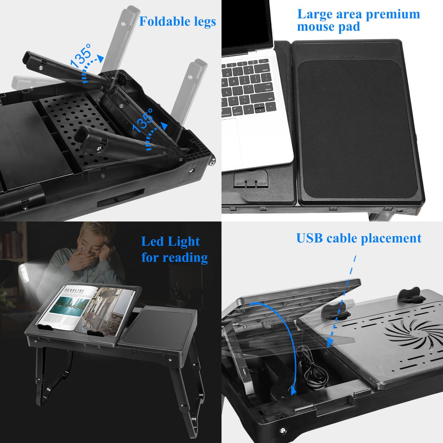 Foldable Laptop Desk with Cooling Fan, LED Light & USB Ports