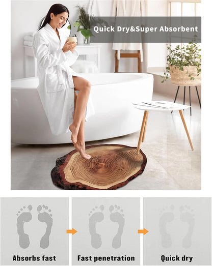 Wood Grain Bath Mat- Non-Slip Quick-Dry Bathroom Rug with 3D Annual Ring Print 24"x35"