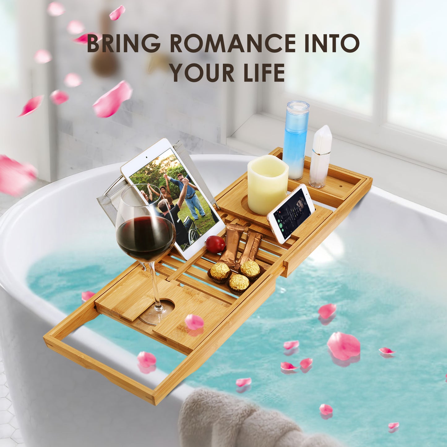 Bamboo Bathtub Caddy Tray - Extendable Bath Tray with Wine Glass Holder, Book & Tablet Stand