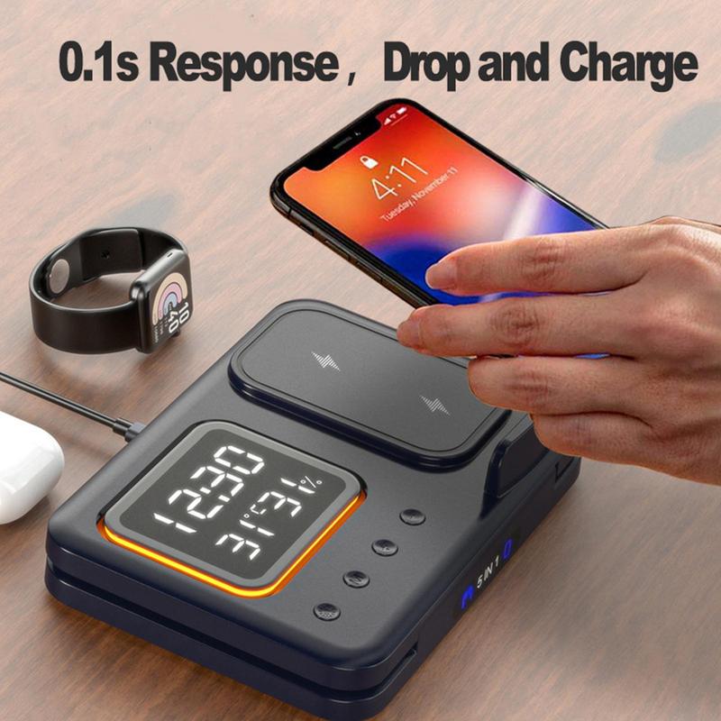 5-in-1 Wireless Charging Station with LED Clock & 15W Fast Charge for Phone Watch Earbuds