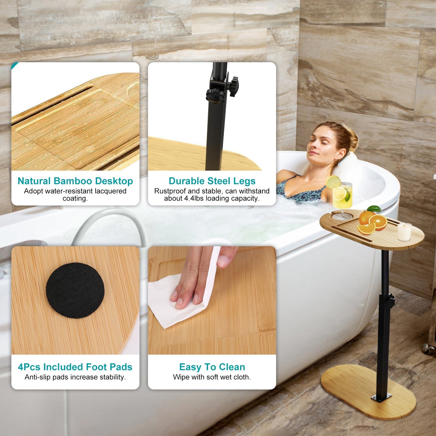 C-Shaped Bathtub Tray Table - Adjustable Height Bamboo Bath Caddy with 360° Rotating Desktop