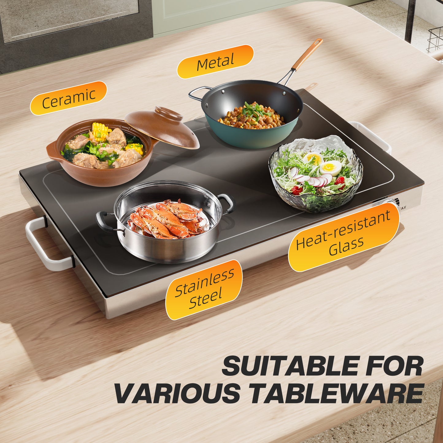 Electric Food Warming Tray 300W - Large 22" Buffet Warmer with Adjustable Temperature & Cool-Touch Handles