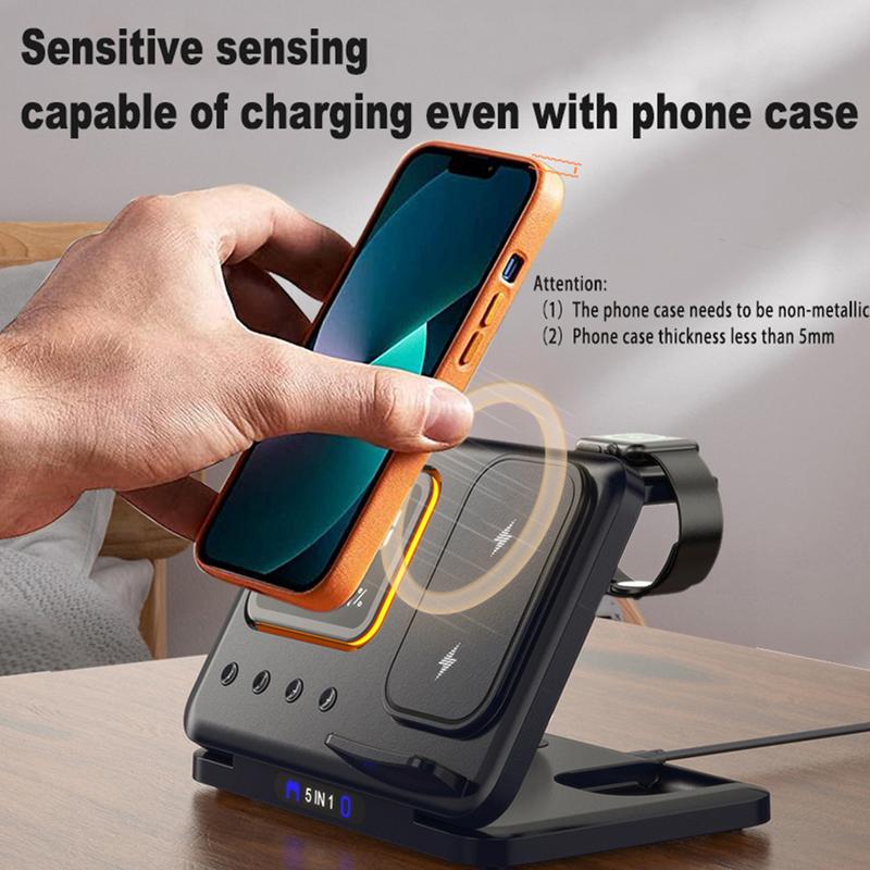 5-in-1 Wireless Charging Station with LED Clock & 15W Fast Charge for Phone Watch Earbuds