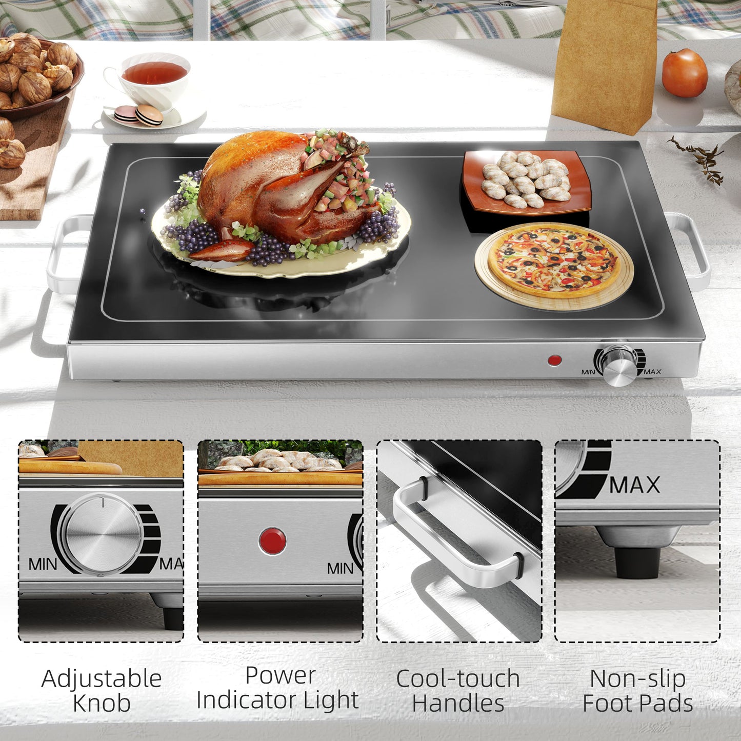 Electric Food Warming Tray 300W - Large 22" Buffet Warmer with Adjustable Temperature & Cool-Touch Handles