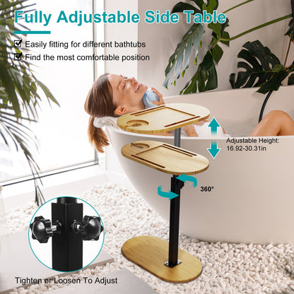 C-Shaped Bathtub Tray Table - Adjustable Height Bamboo Bath Caddy with 360° Rotating Desktop