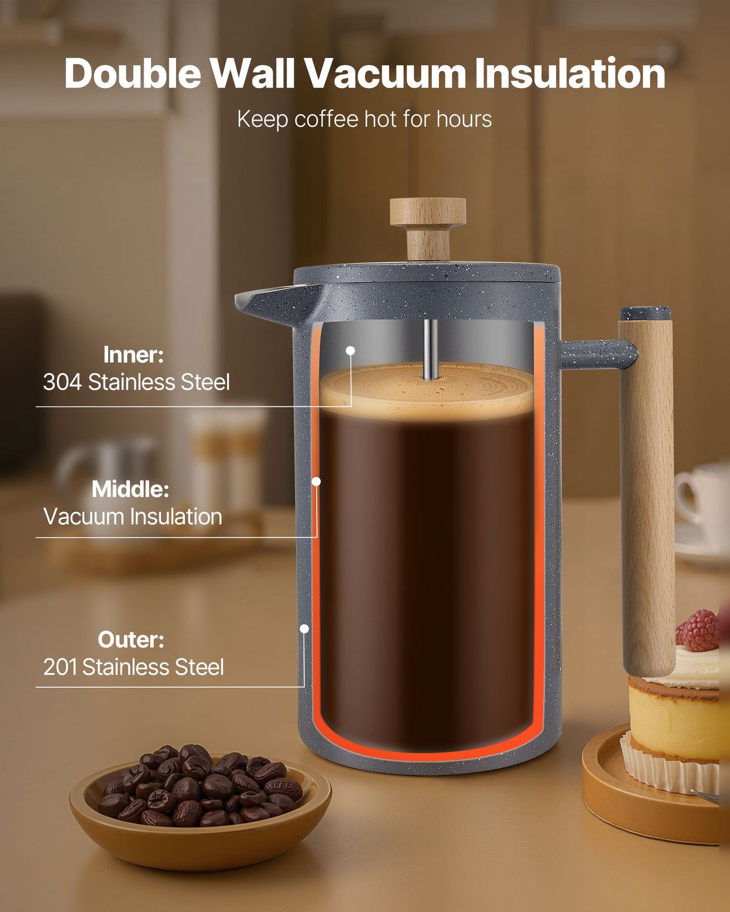 French Press Coffee Maker 34oz - Double Wall Stainless Steel with Precision Filter System