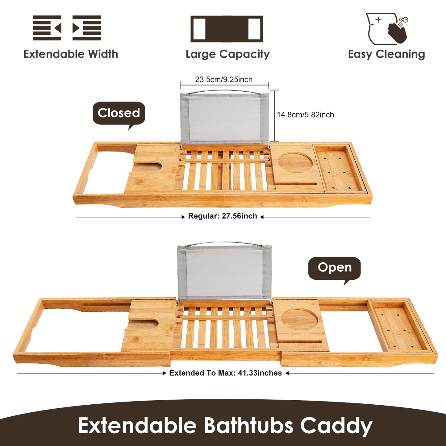 Bamboo Bathtub Caddy Tray - Extendable Bath Tray with Wine Glass Holder, Book & Tablet Stand