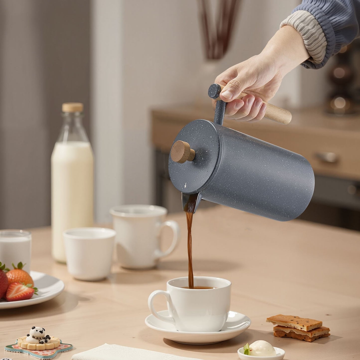 French Press Coffee Maker 34oz - Double Wall Stainless Steel with Precision Filter System