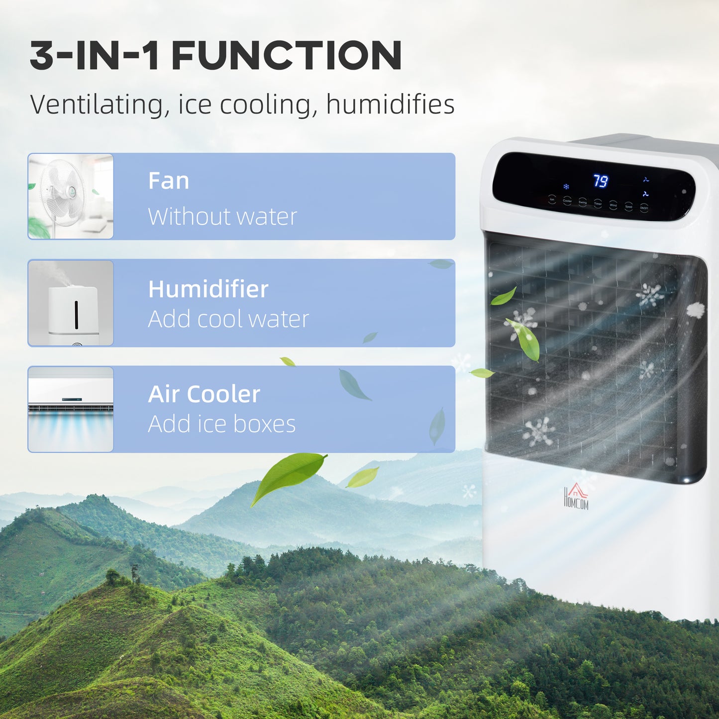 Portable Evaporative Air Cooler 3-in-1 - Ice Cooling Fan & Humidifier with 3.2 Gal Tank & Remote