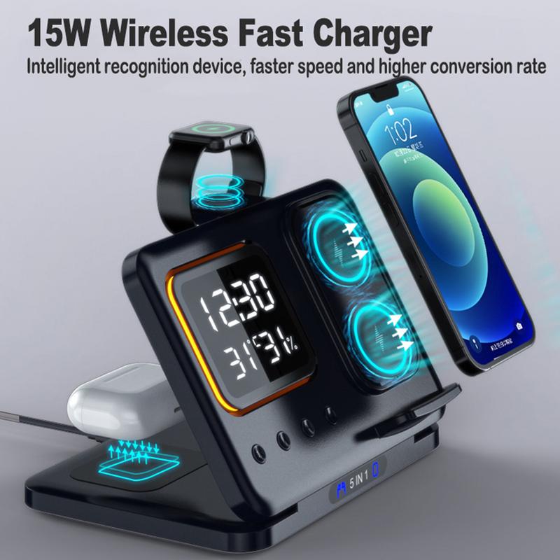 5-in-1 Wireless Charging Station with LED Clock & 15W Fast Charge for Phone Watch Earbuds