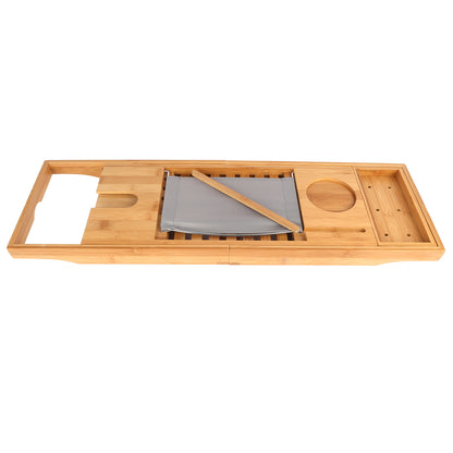 Bamboo Bathtub Caddy Tray - Extendable Bath Tray with Wine Glass Holder, Book & Tablet Stand