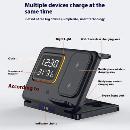 5-in-1 Wireless Charging Station with LED Clock & 15W Fast Charge for Phone Watch Earbuds