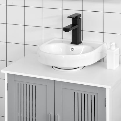 Under Sink Pedestal Bathroom Cabinet - Adjustable Shelf Storage Organizer, White & Gray