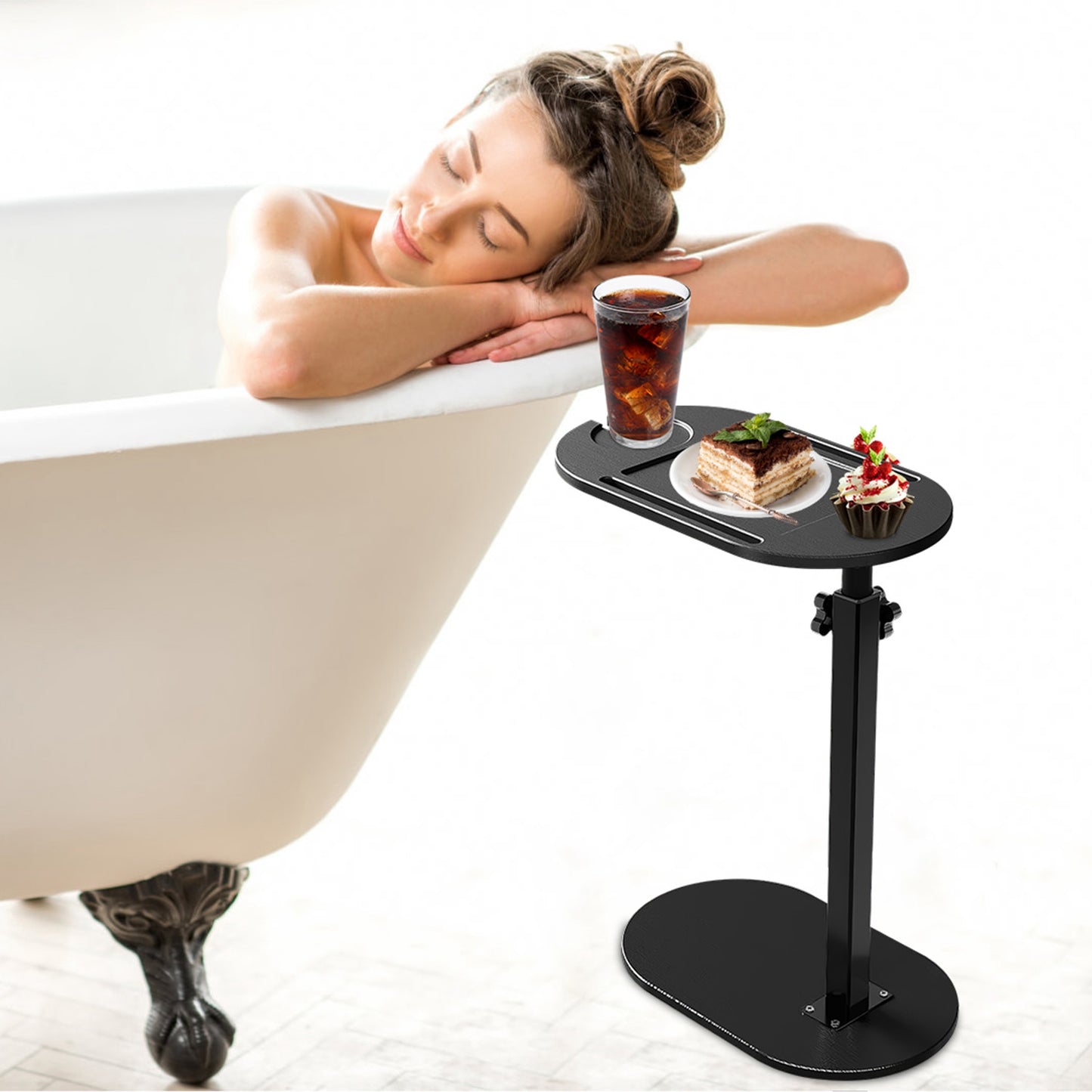 C-Shaped Bathtub Tray Table - Adjustable Height Bamboo Bath Caddy with 360° Rotating Desktop