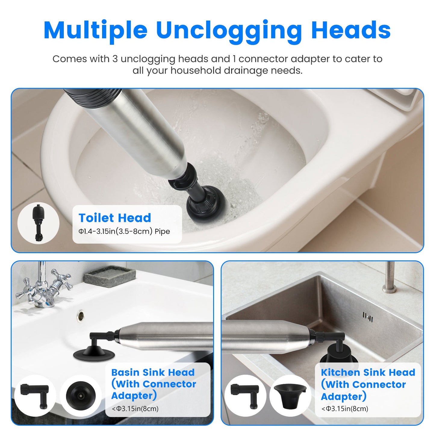 Electric Toilet Plunger - High Pressure Air Drain Blaster with Real-Time Pressure Display & 4 Heads