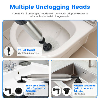 Electric Toilet Plunger - High Pressure Air Drain Blaster with Real-Time Pressure Display & 4 Heads