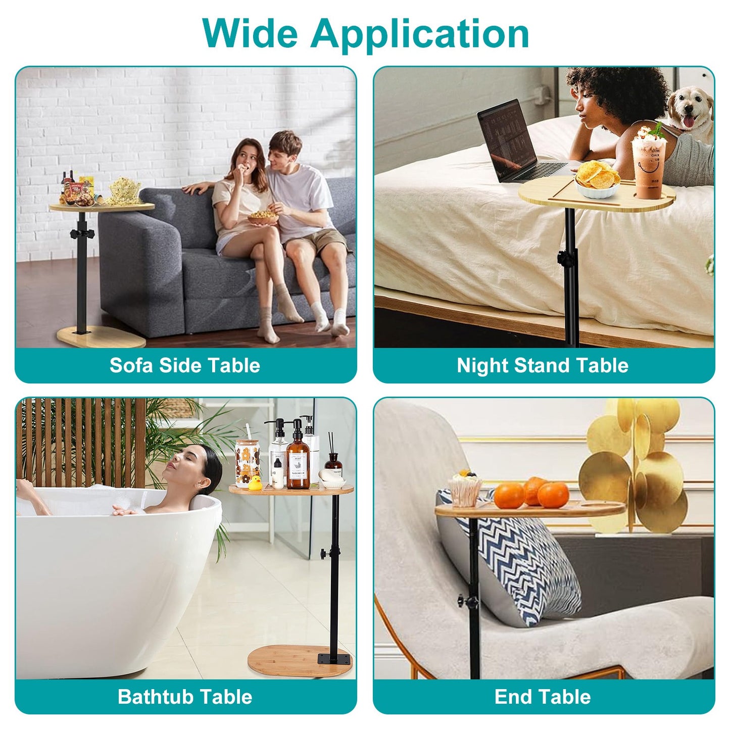 C-Shaped Bathtub Tray Table - Adjustable Height Bamboo Bath Caddy with 360° Rotating Desktop
