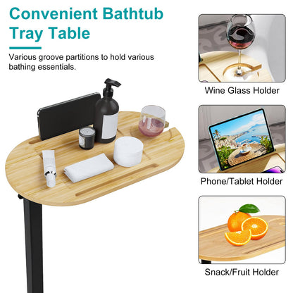 C-Shaped Bathtub Tray Table - Adjustable Height Bamboo Bath Caddy with 360° Rotating Desktop