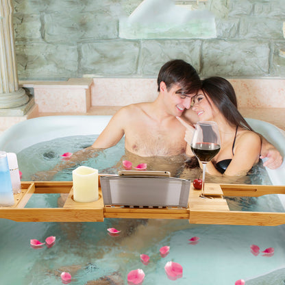 Bamboo Bathtub Caddy Tray - Extendable Bath Tray with Wine Glass Holder, Book & Tablet Stand