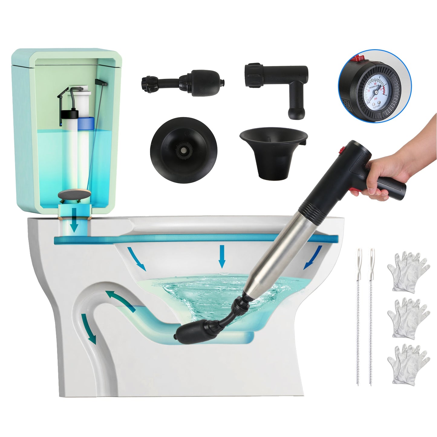 Electric Toilet Plunger - High Pressure Air Drain Blaster with Real-Time Pressure Display & 4 Heads