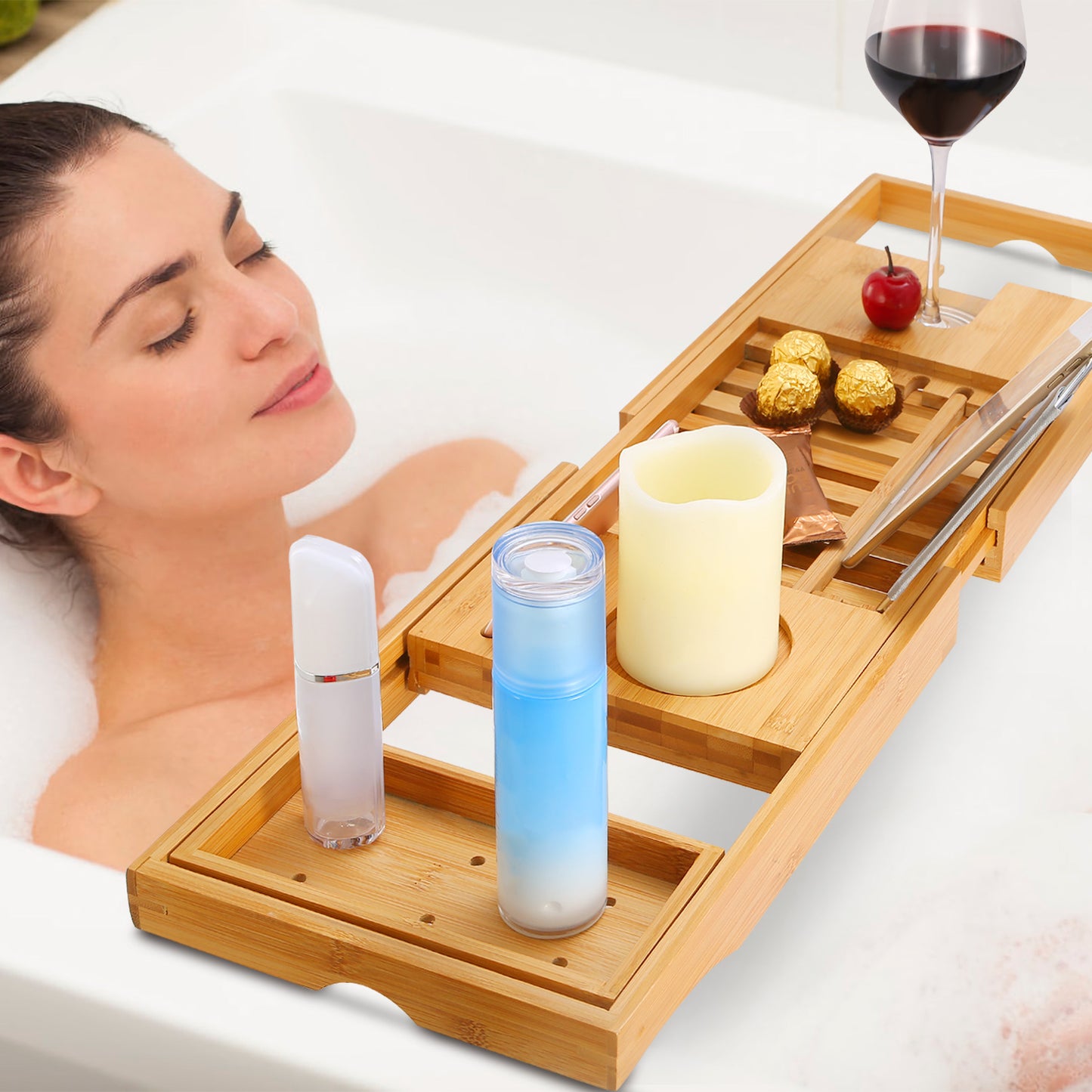 Bamboo Bathtub Caddy Tray - Extendable Bath Tray with Wine Glass Holder, Book & Tablet Stand