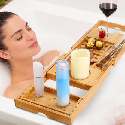 Bamboo Bathtub Caddy Tray - Extendable Bath Tray with Wine Glass Holder, Book & Tablet Stand