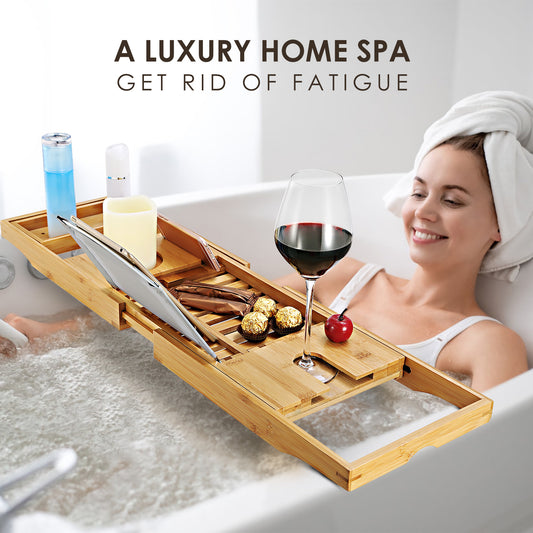 Bamboo Bathtub Caddy Tray - Extendable Bath Tray with Wine Glass Holder, Book & Tablet Stand