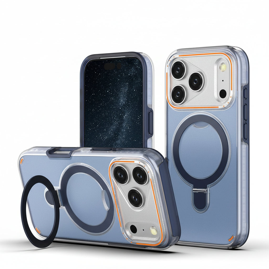 Phone case for iPhone 17 Pro with clear design and ring holder on a white background