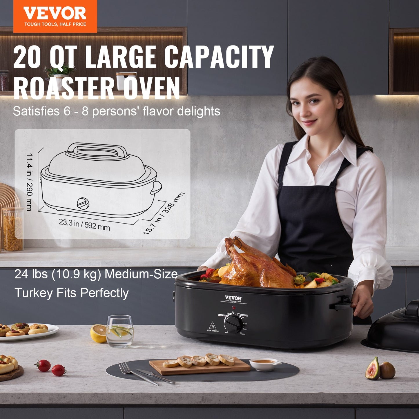Electric Roaster Oven 20 QT - 1450W Turkey Roaster with Self-Basting Lid, Fits Up to 24 lbs