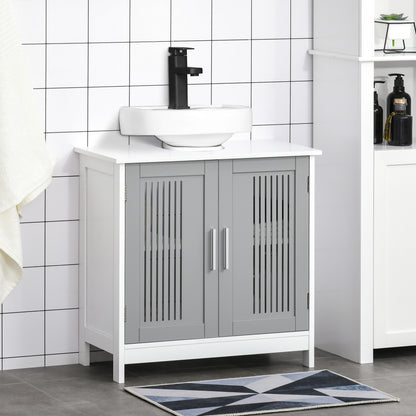 Under Sink Pedestal Bathroom Cabinet - Adjustable Shelf Storage Organizer, White & Gray