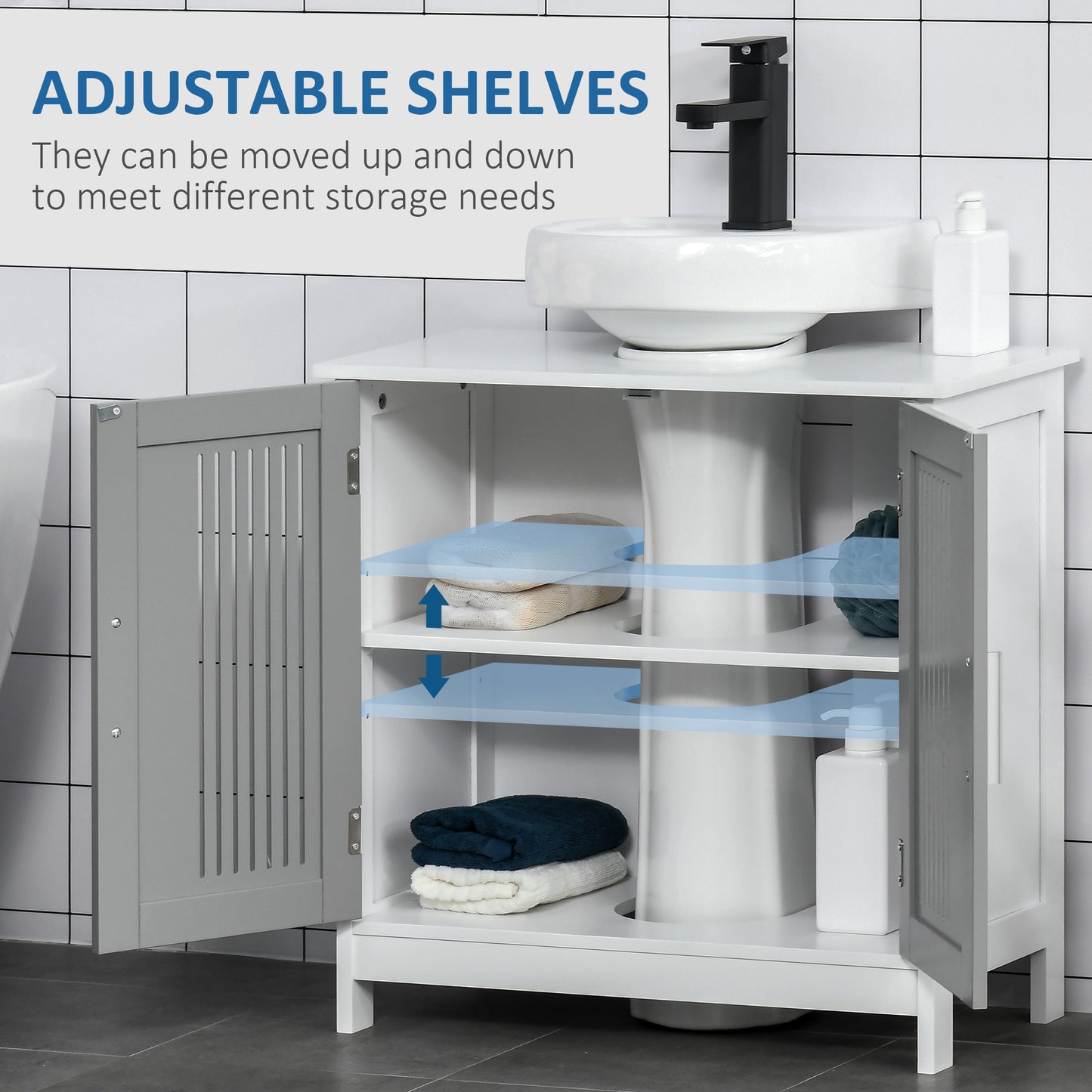 Under Sink Pedestal Bathroom Cabinet - Adjustable Shelf Storage Organizer, White & Gray