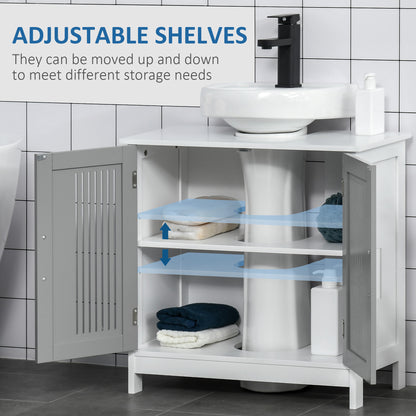 Under Sink Pedestal Bathroom Cabinet - Adjustable Shelf Storage Organizer, White & Gray