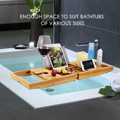 Bamboo Bathtub Caddy Tray - Extendable Bath Tray with Wine Glass Holder, Book & Tablet Stand