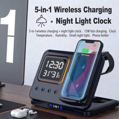 5-in-1 Wireless Charging Station with LED Clock & 15W Fast Charge for Phone Watch Earbuds