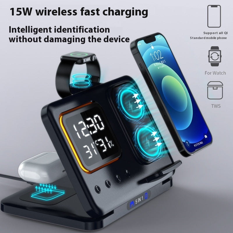 5-in-1 Wireless Charging Station with LED Clock & 15W Fast Charge for Phone Watch Earbuds