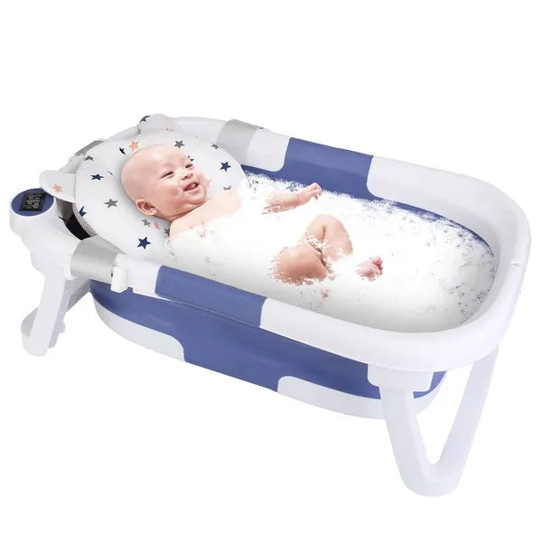 Foldable Baby Bathtub with Built-In Thermometer - Travel-Friendly for Newborns 0-24 Months