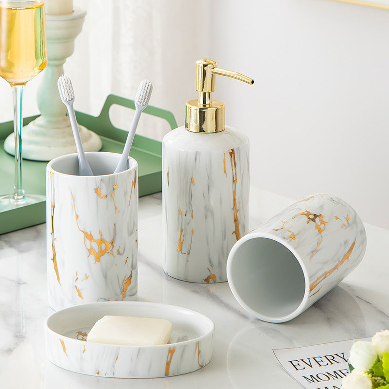 Premium Marble Ceramic Bathroom Wash Set - 4-Piece Luxury Vanity Collection