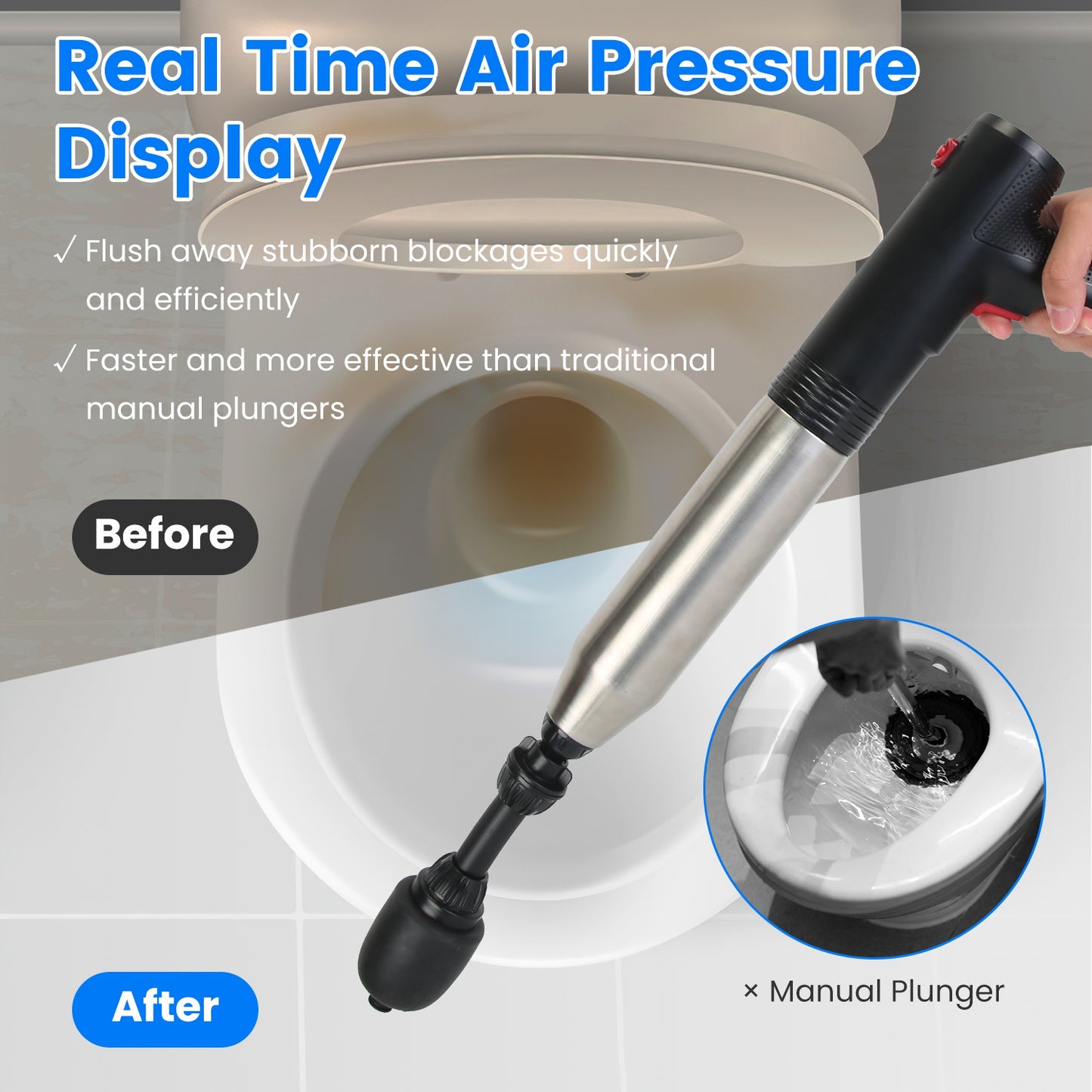 Electric Toilet Plunger - High Pressure Air Drain Blaster with Real-Time Pressure Display & 4 Heads
