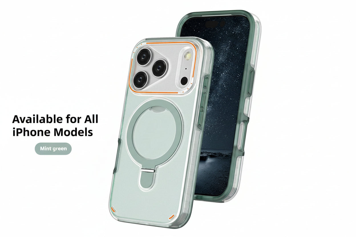 Mint green phone case for iPhone 17 Pro with a stand and magnetic circle feature.